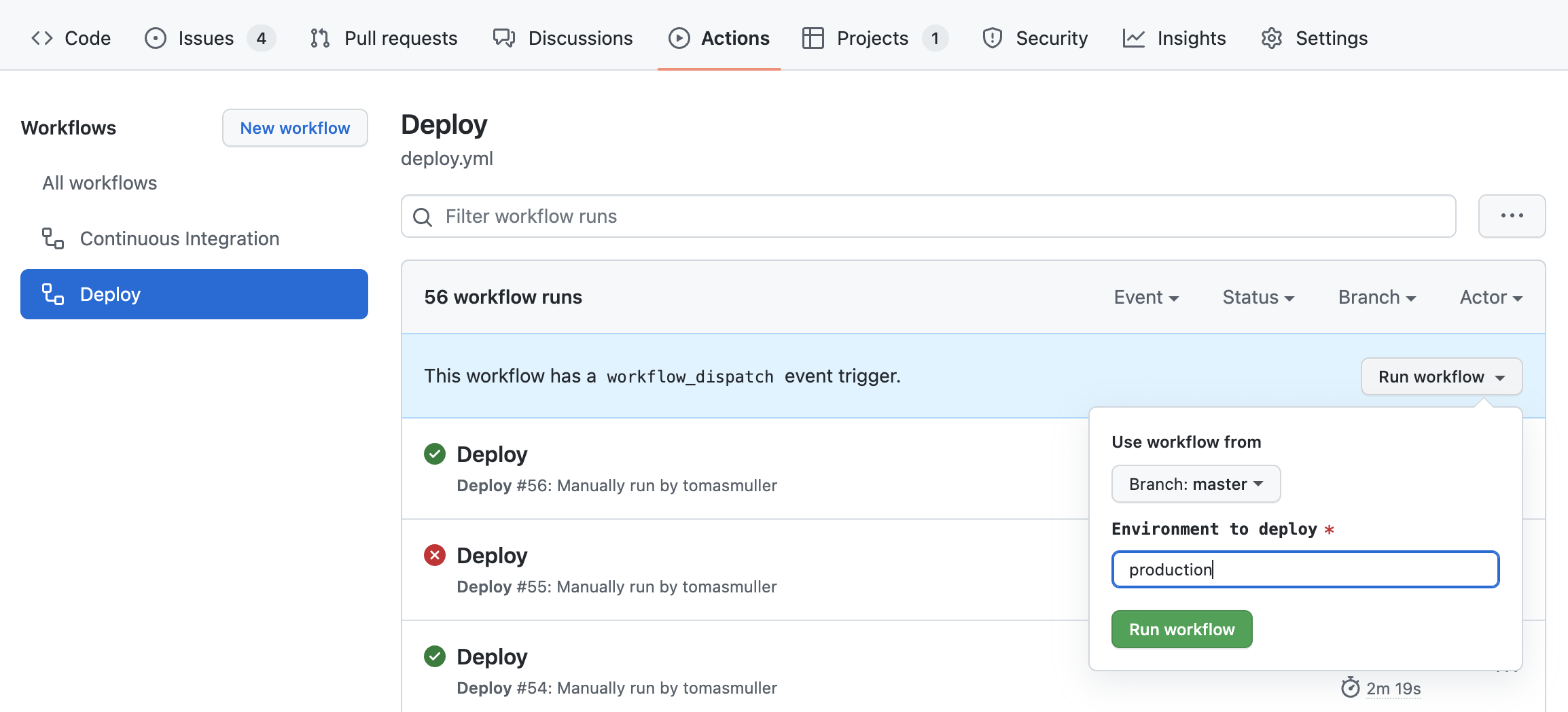 Manual application deployment using GitHub Actions